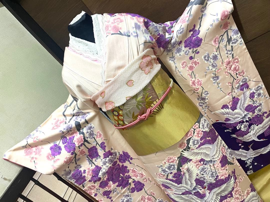 振袖 フルセット6点サイズM〜Ｌ　紫とピンクの花柄 鶴刺繍 正絹売り切り終了