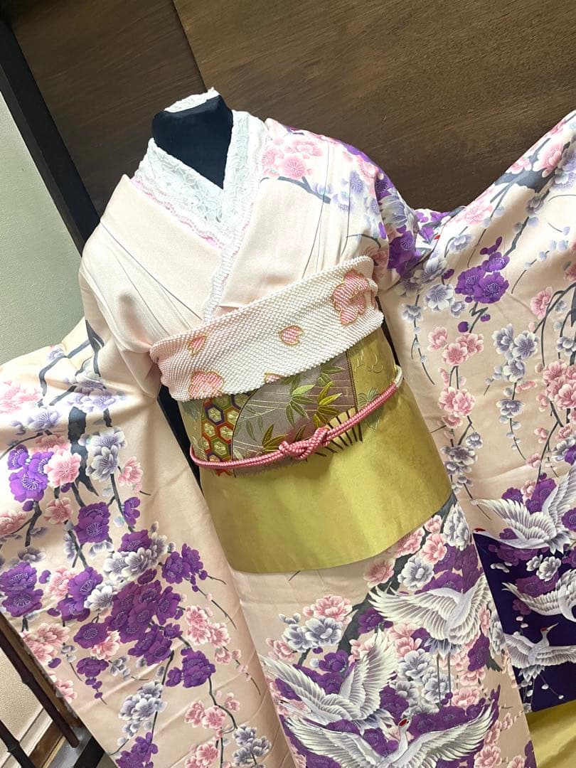 振袖 フルセット6点サイズM〜Ｌ　紫とピンクの花柄 鶴刺繍 正絹売り切り終了