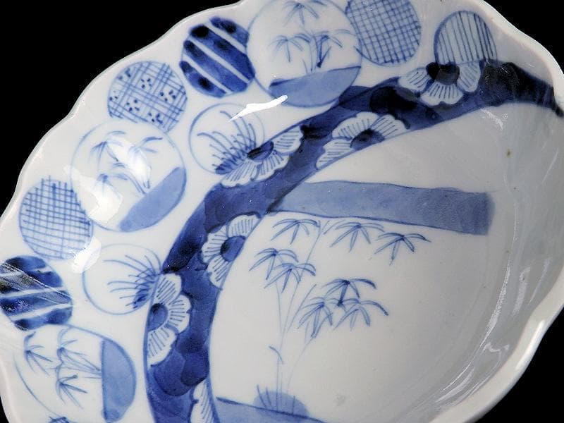 古伊万里　染付　丸紋　月に笹の図　膾皿　2客　江戸期　D810AS-BLb