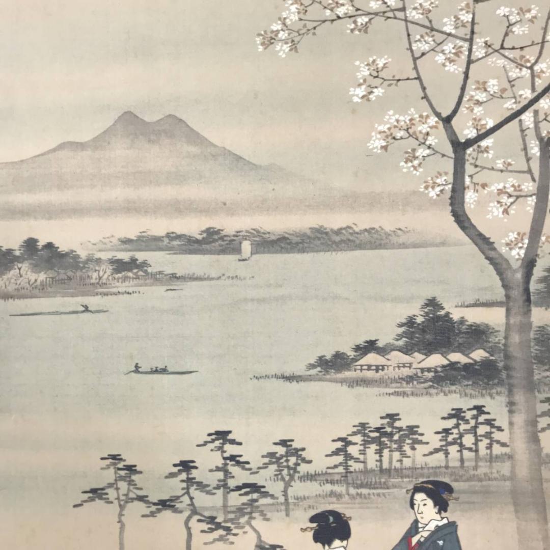 【複製】初代廣重/墨提花見二美人図/工芸品/掛軸☆宝船☆AB-589