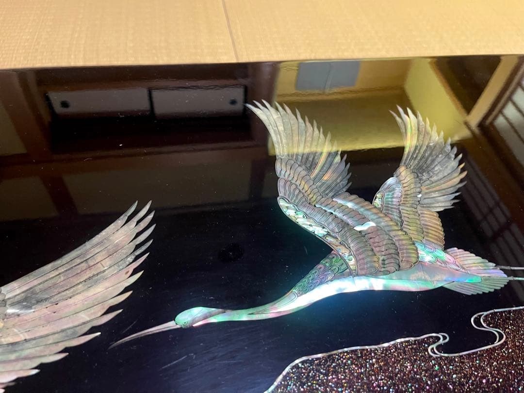 螺鈿細工 鶴 松 木製漆塗り 大型座卓 センターテーブル 貝殻細工 和風座卓