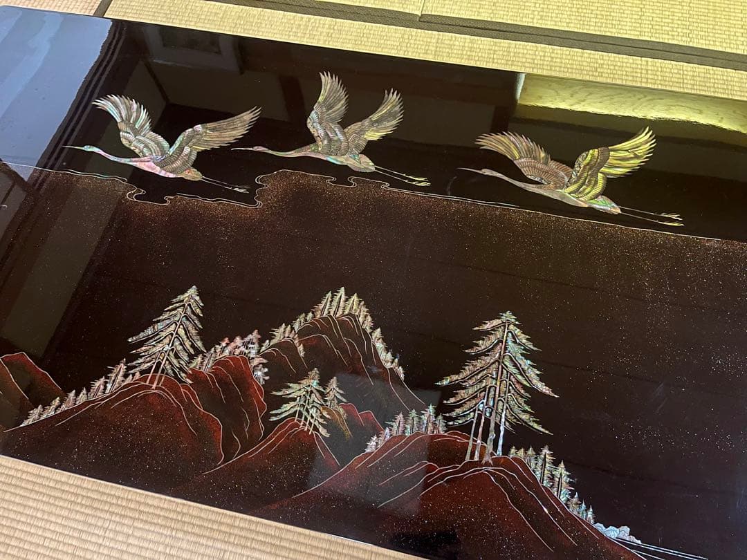 螺鈿細工 鶴 松 木製漆塗り 大型座卓 センターテーブル 貝殻細工 和風座卓