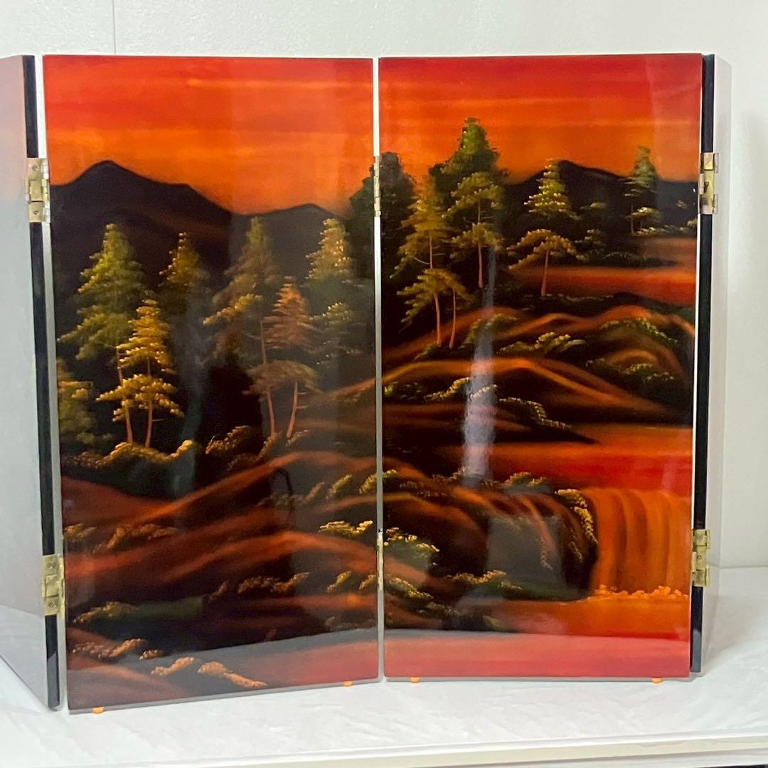 螺鈿細工 パテーション 衝立 「馬倒成功」 4連衝立 漆塗り 百頭馬柄 枕屏風