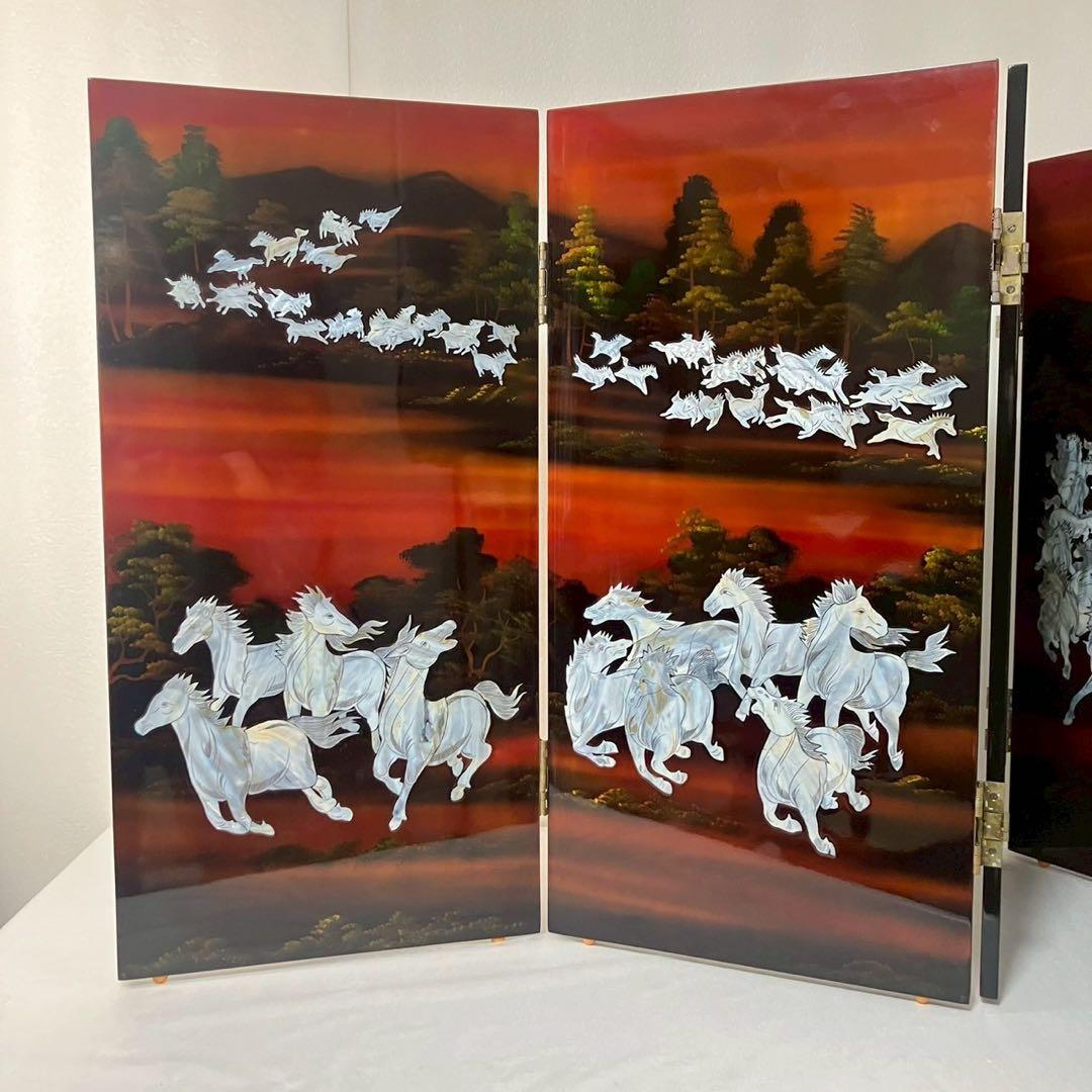 螺鈿細工 パテーション 衝立 「馬倒成功」 4連衝立 漆塗り 百頭馬柄 枕屏風
