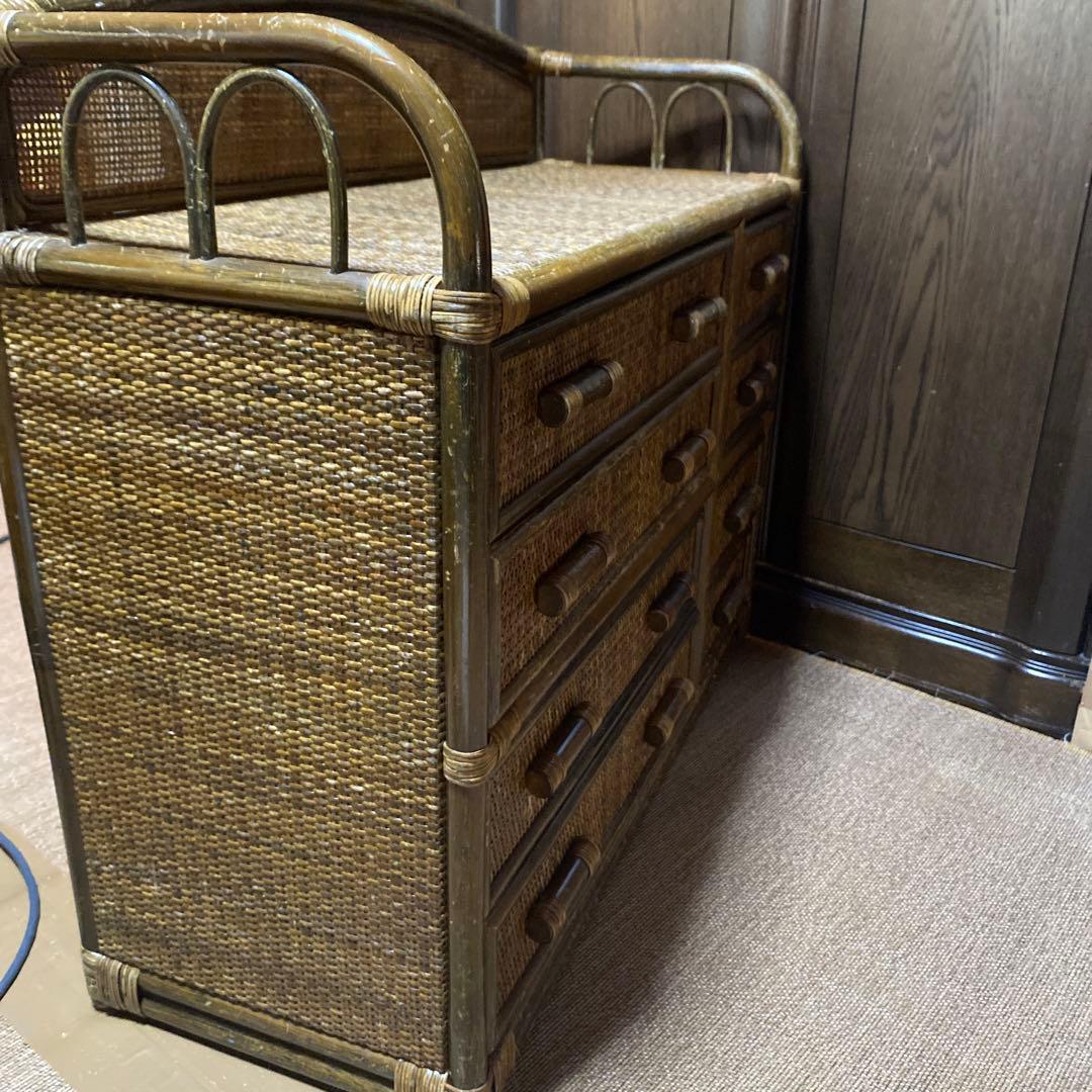 昭和レトロ　アンティーク籐ラタン8杯引き出しタンス ダークブラウン