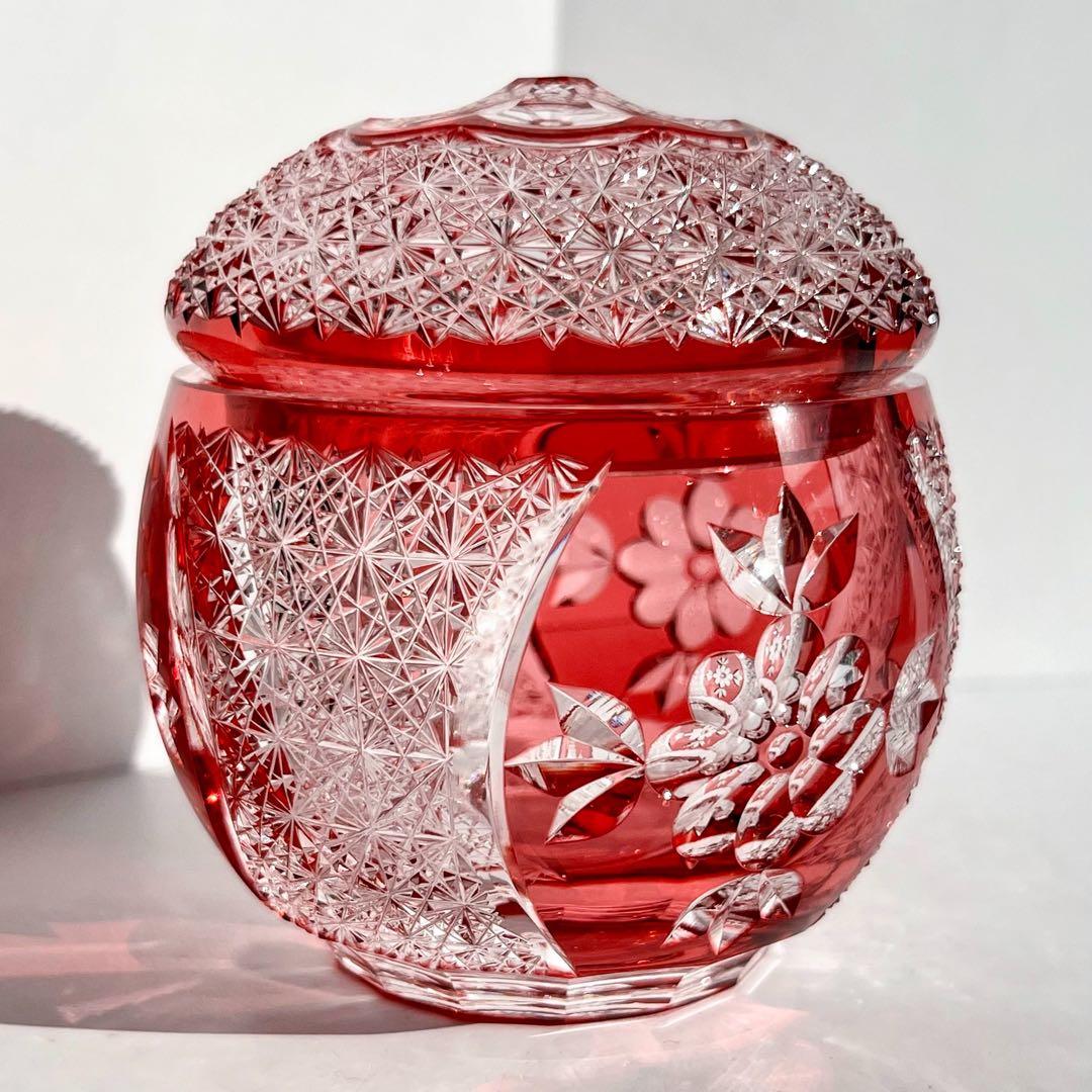 KAGAMI CRYSTAL 伝統工芸士 篠崎清一 江戸切子 【金赤被切子蓋物】