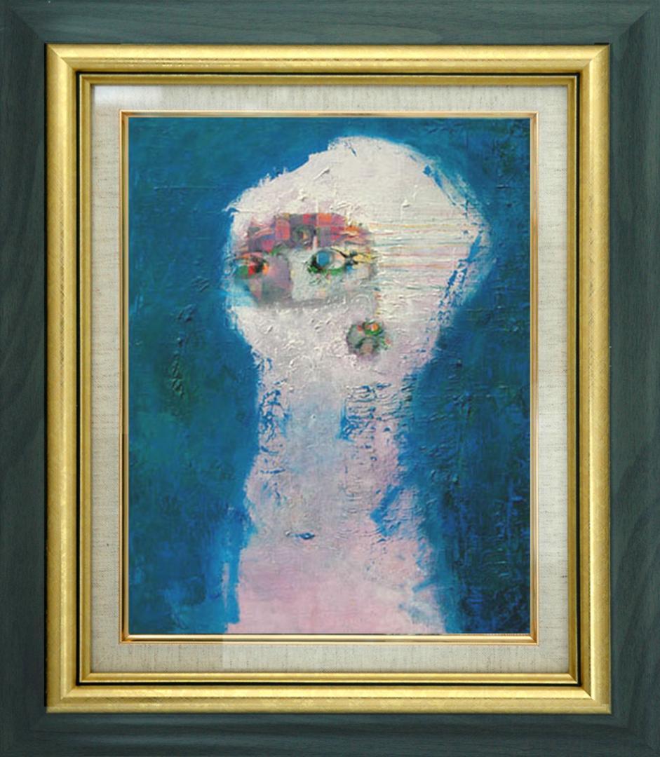 油絵 菅家令子絵 絵画インテリア額付(青緑＋金色の枠)uF6-080215 女性