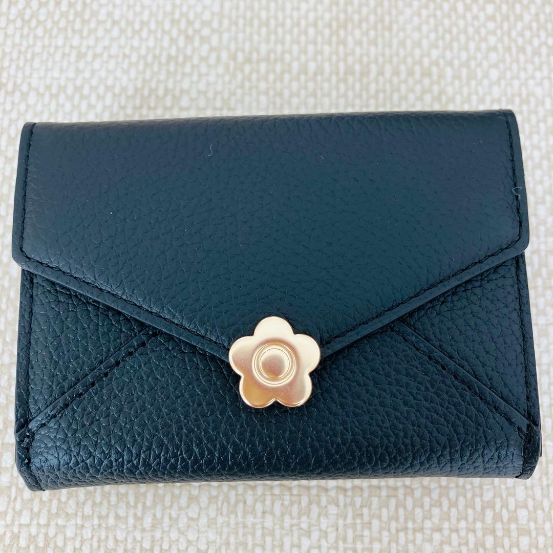 【現行】マリークワント シーリング デイジー レター ミニウォレット シボ革 黒