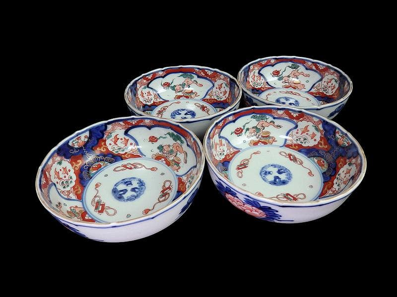 古伊万里　色絵　獅子に波千鳥の図　膾皿　春寒鉢　４客　 CZd