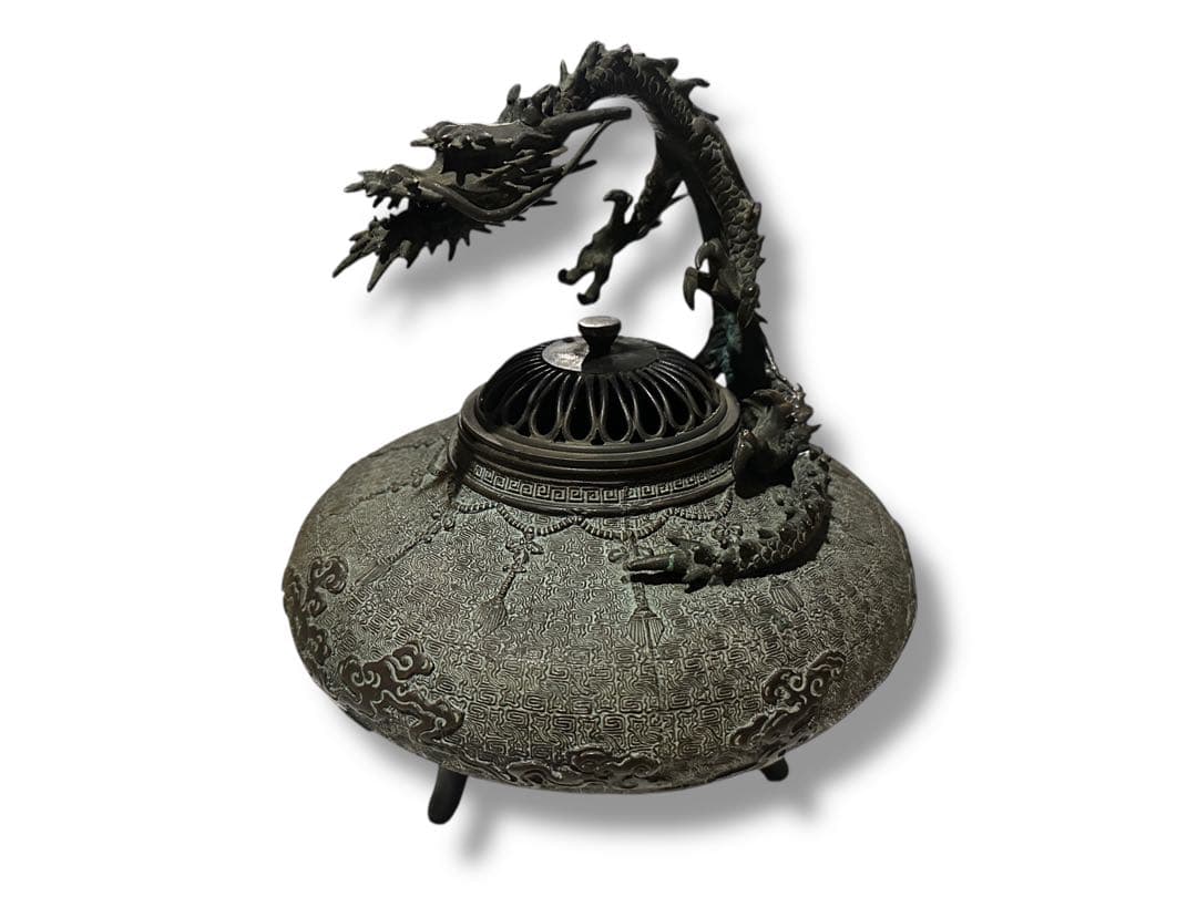 名工 米田秀保造 銅製 立龍提手 三足香炉 高岡銅器