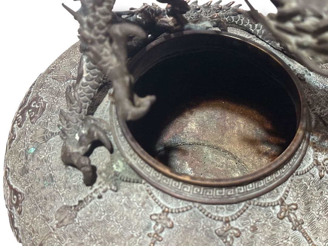 名工 米田秀保造 銅製 立龍提手 三足香炉 高岡銅器