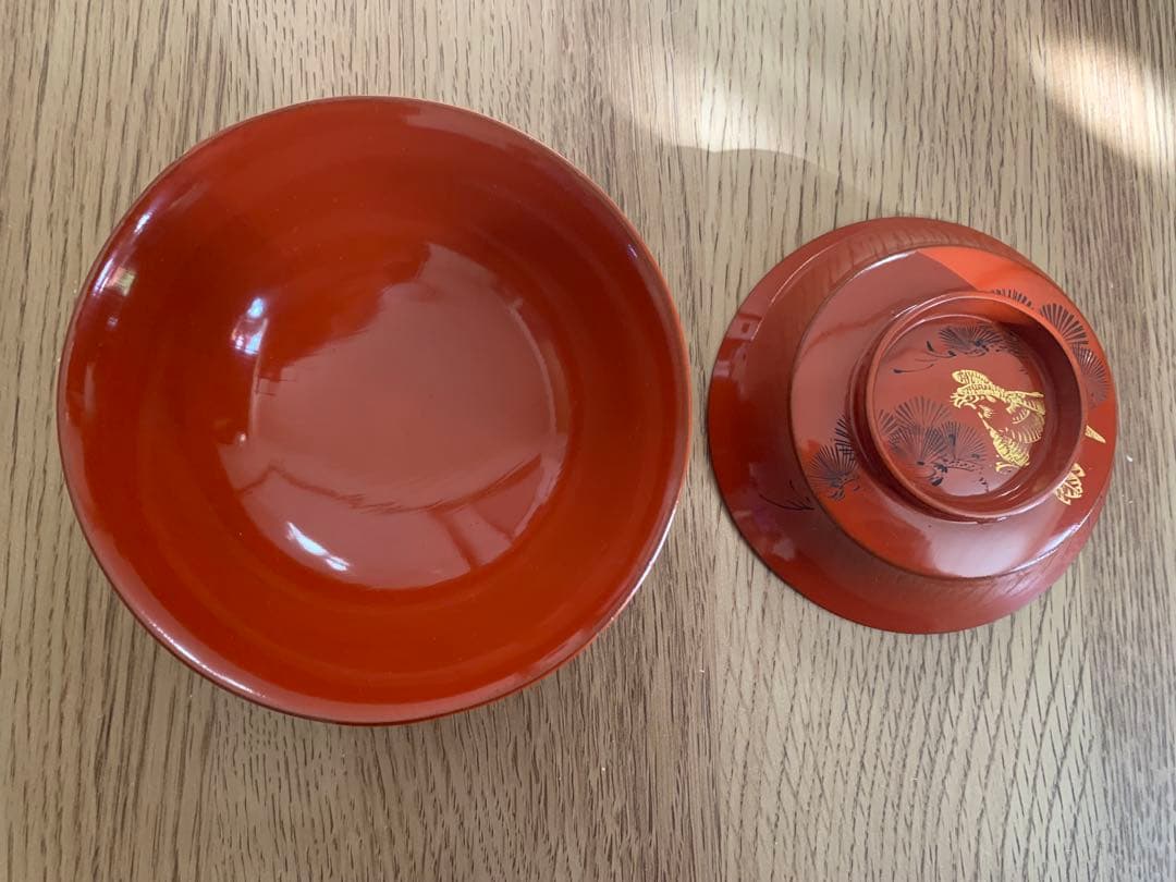 輪島塗　朱沈金蒔絵吸物椀10客　時代物　木製うるし塗　羽反　アンティーク