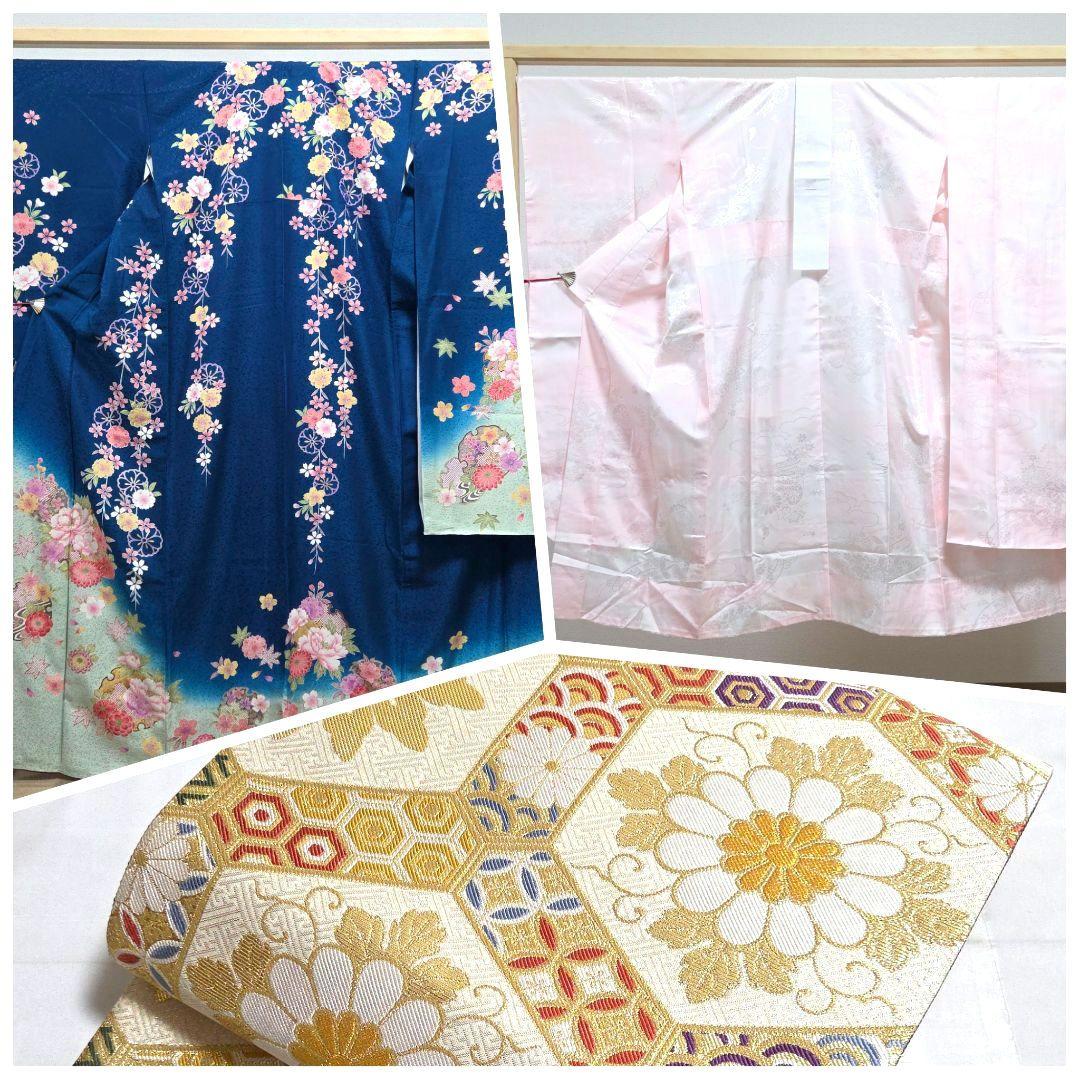 AI 美品 振袖フルセット 雪輪に桜 青 金駒刺繍 金彩 正絹 帯・襦袢・小物