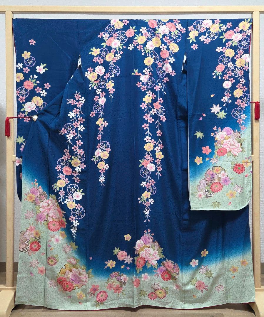AI 美品 振袖フルセット 雪輪に桜 青 金駒刺繍 金彩 正絹 帯・襦袢・小物