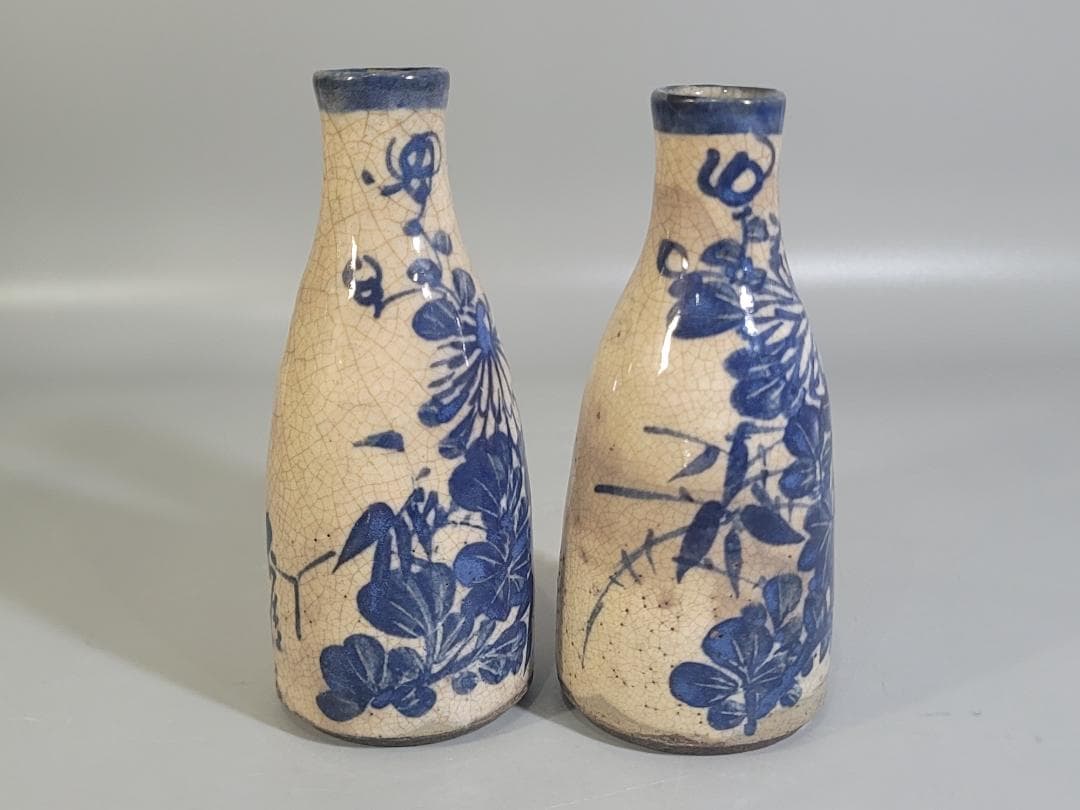 京焼 仁清造 染付 菊草模様 瓶 一対 DT441