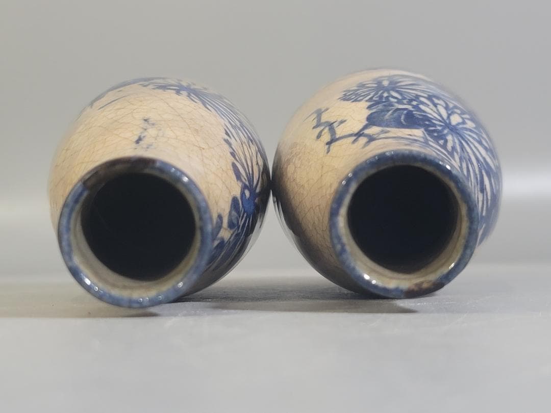 京焼 仁清造 染付 菊草模様 瓶 一対 DT441