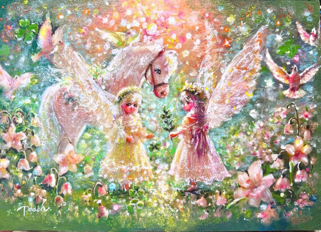 ま*ゆ様 絵画原画《祝福の芽 ― 白馬とふたりの天使》パワー ART colla