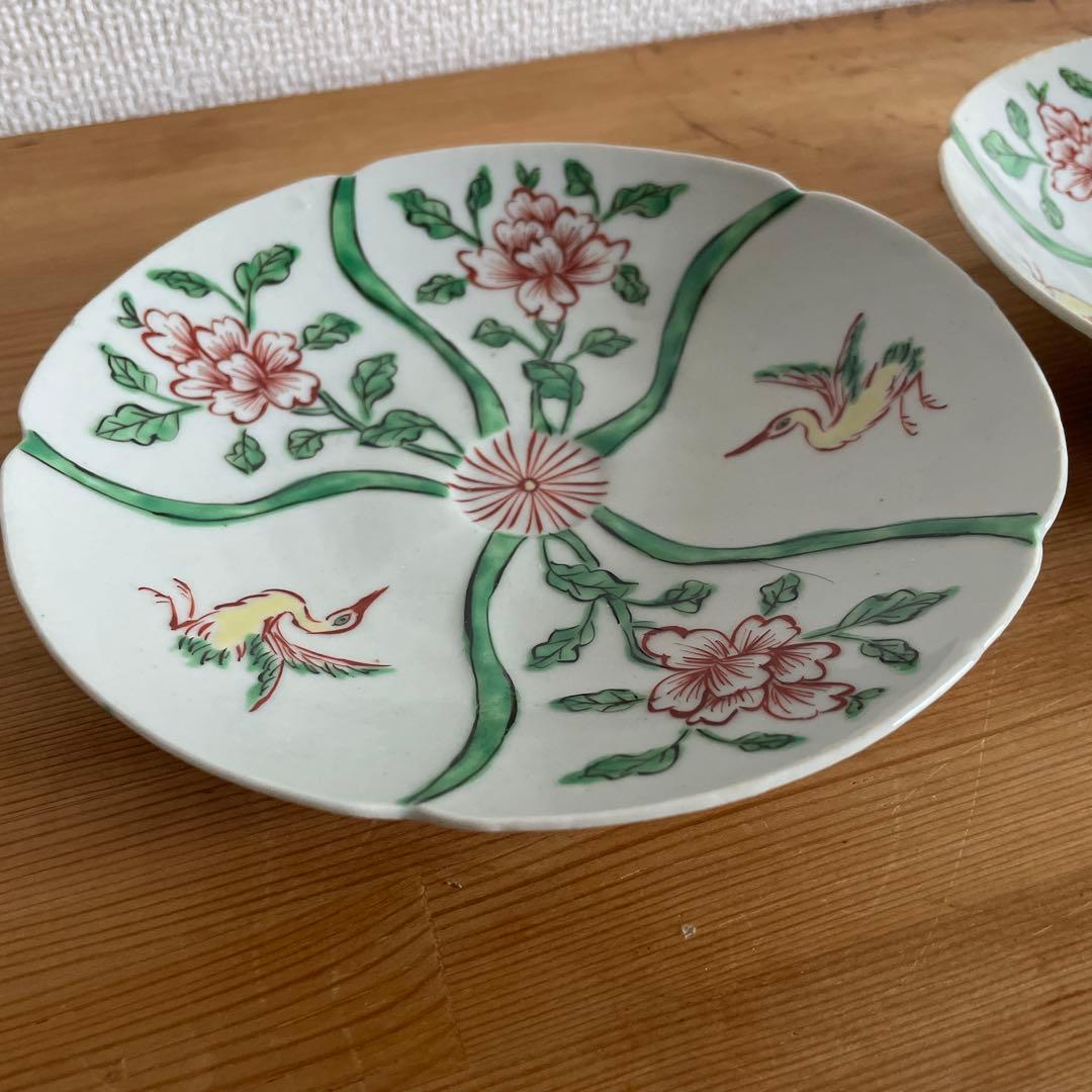 廣野俊彦　五彩花鳥絵輪花皿　南京色絵写　2客　定価33,000円