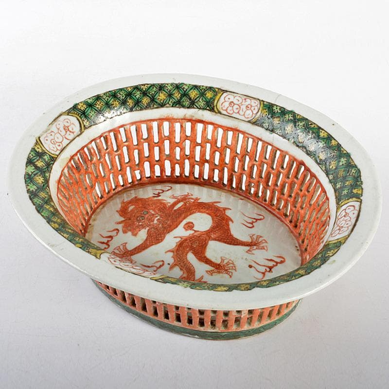 したん　中国　赤絵　龍文　透かし鉢　M　R5394