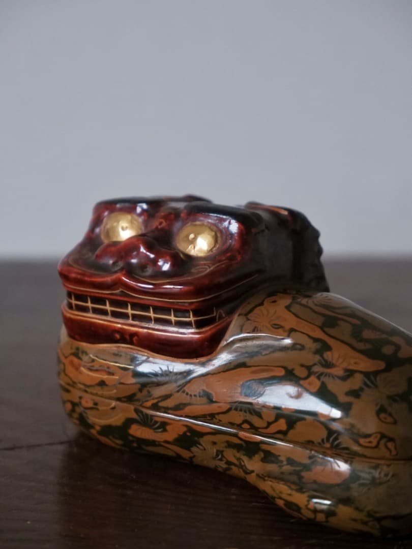 獅子香合　平安塗師　漆工芸　茶道具　香道具　珍しい　箱付　古道具　Q1290