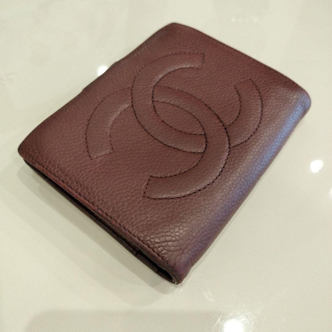 CHANEL キャビアスキン 二つ折り財布 コンパクト ブラウン がま口