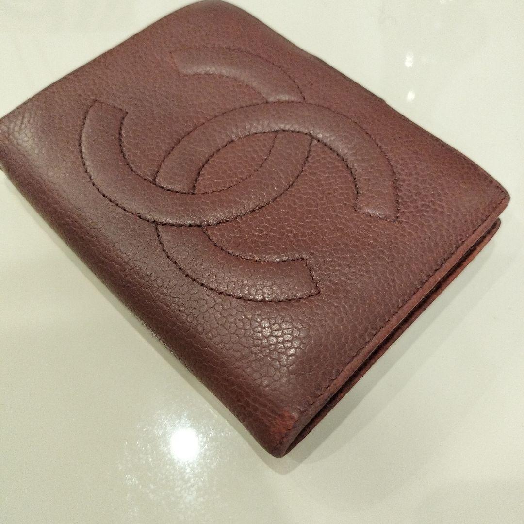 CHANEL キャビアスキン 二つ折り財布 コンパクト ブラウン がま口