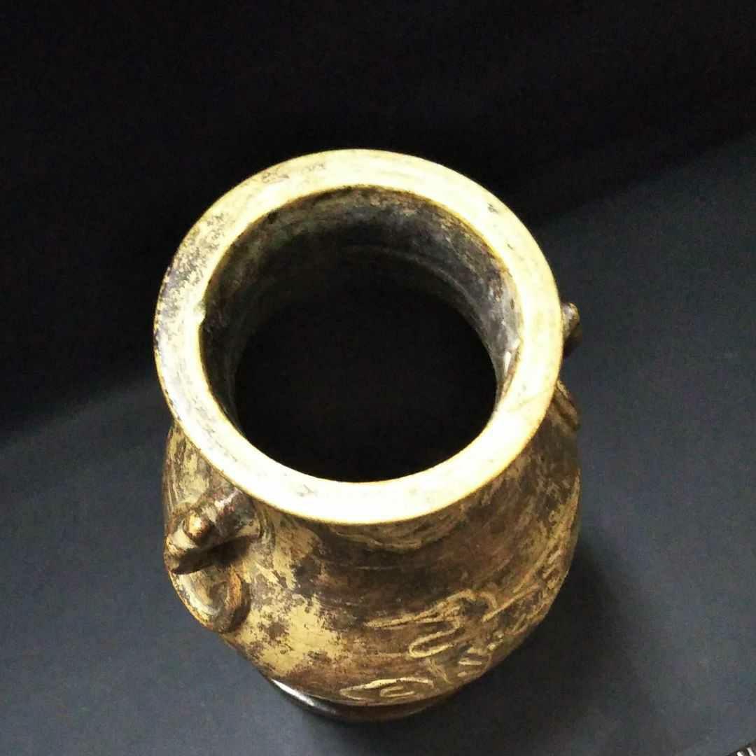 ※中国古美術/黃泥松鶴紋隻龍耳瓶/