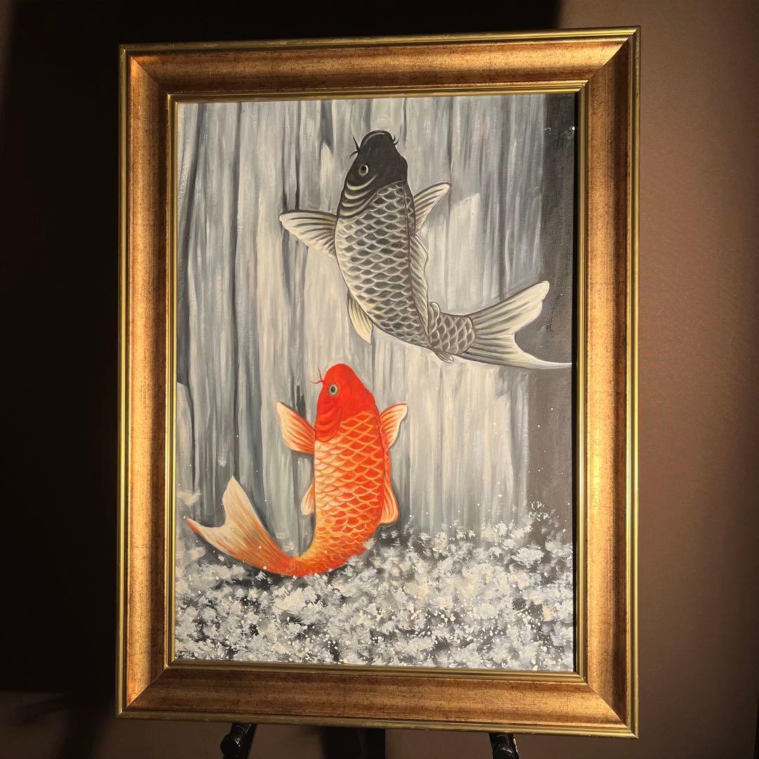 ★大型絵画★手書き油絵 鯉の滝登り 額付 絵画 インテリア 開運 金運 風水