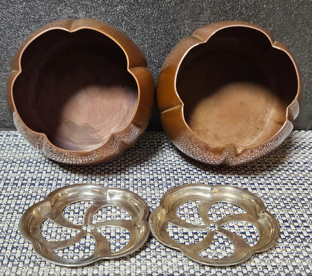 銀座 山崎商店謹製　赤銅　阿古陀香炉　一対　 共箱　茶道具　香道具　透かし蓋附属