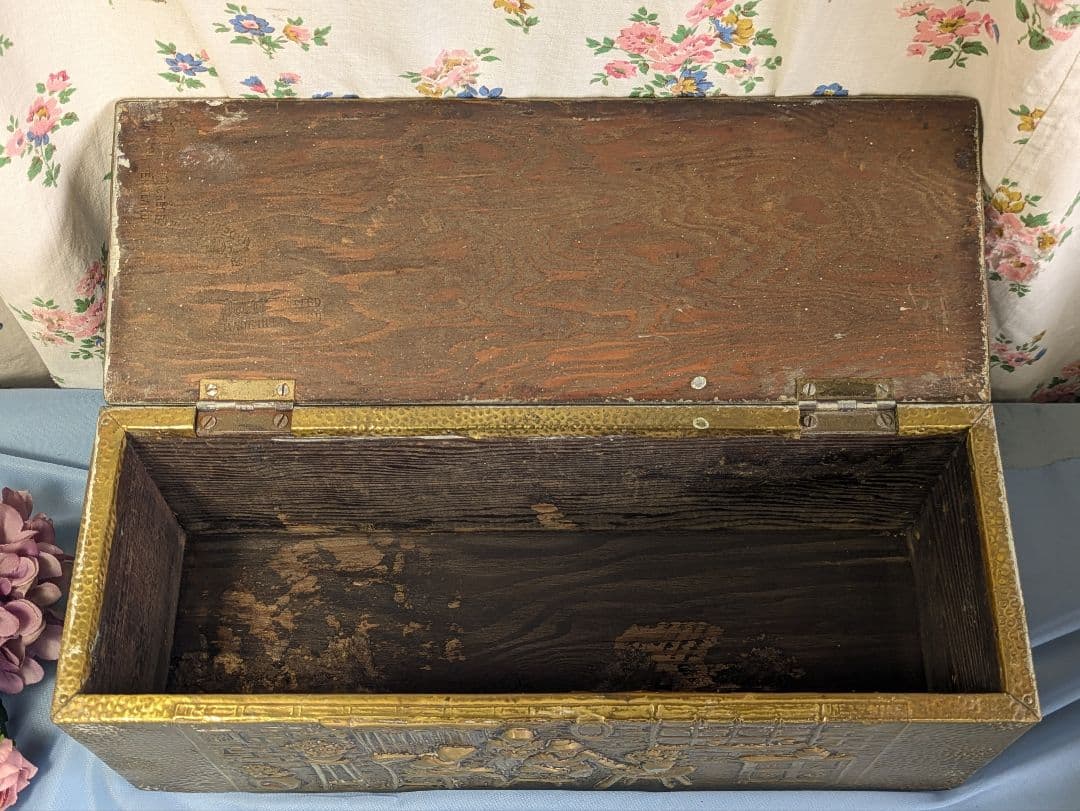 イギリス アンティーク 真鍮板張り　木製　ボックス 35.6cm