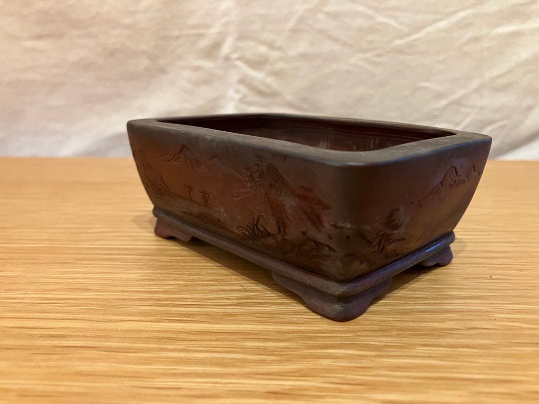 美芸　常滑　盆栽鉢　長方形　彫入り