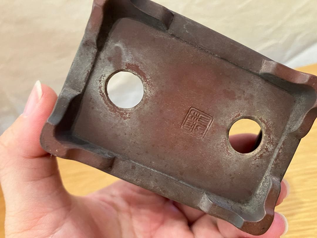 美芸　常滑　盆栽鉢　長方形　彫入り