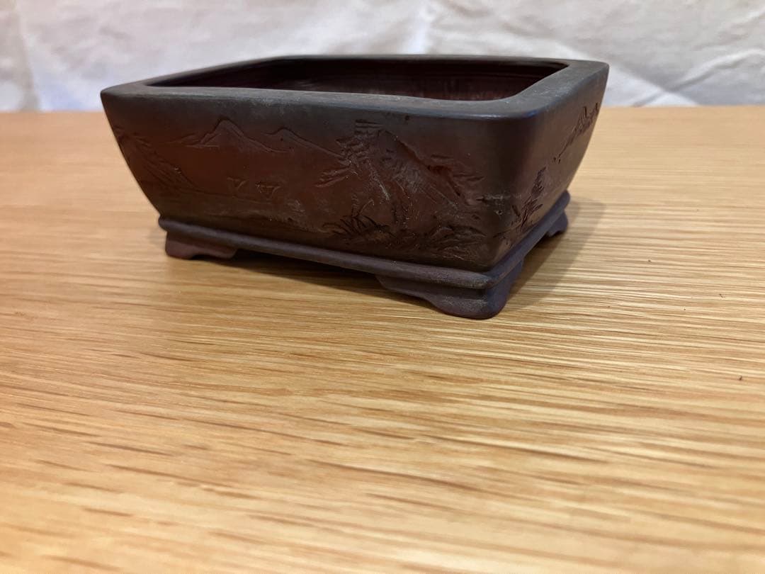美芸　常滑　盆栽鉢　長方形　彫入り
