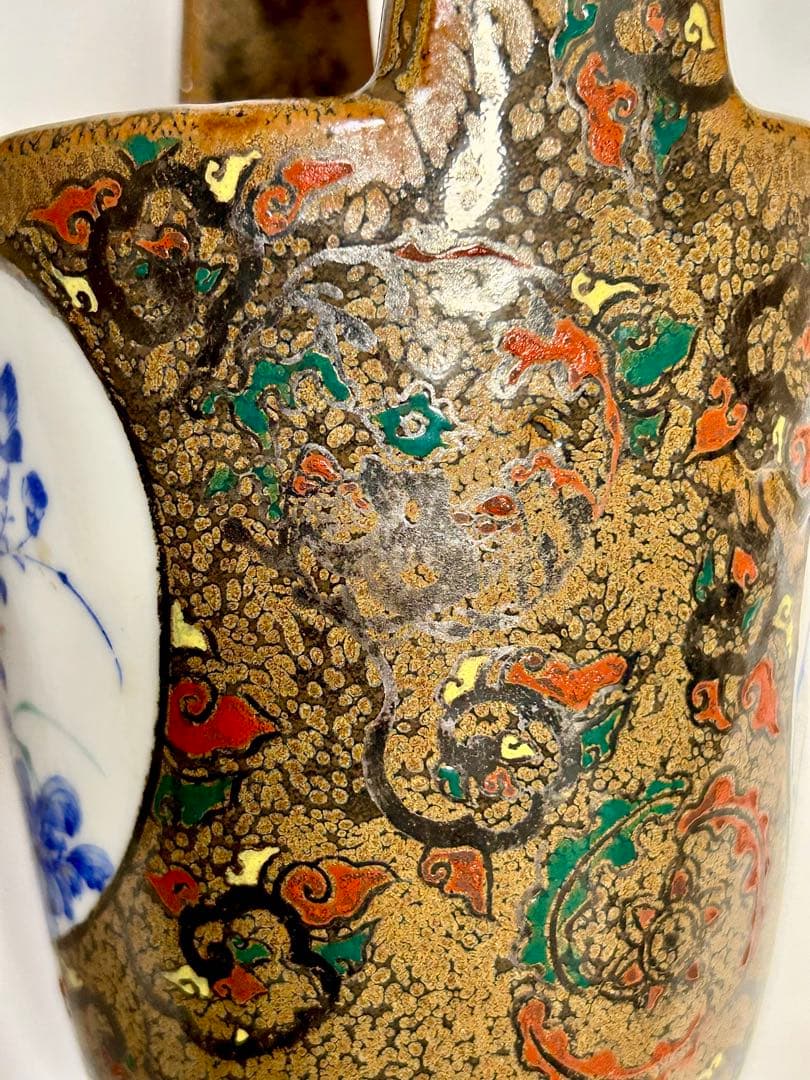 川本半助 明治瀬戸の名工 錆釉上絵手桶形花瓶 瀬戸焼