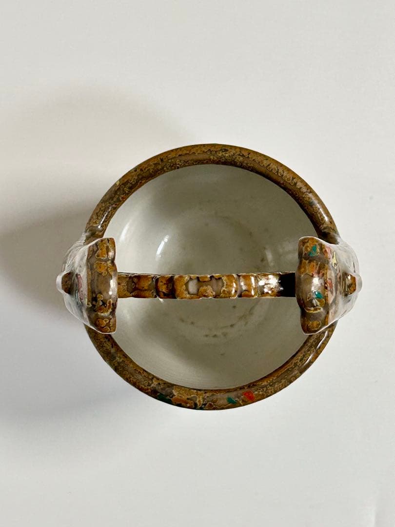 川本半助 明治瀬戸の名工 錆釉上絵手桶形花瓶 瀬戸焼