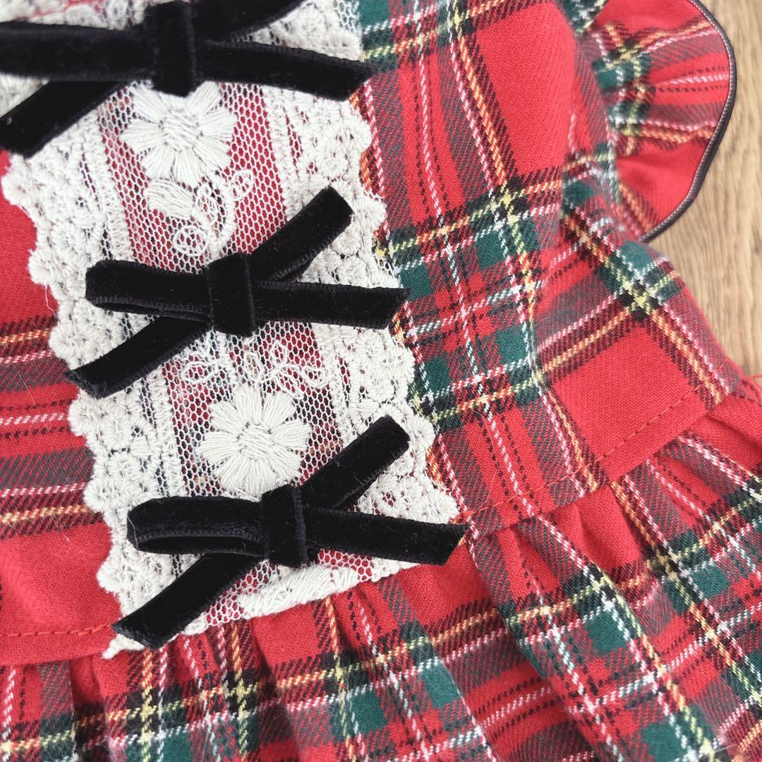 ハンドメイド　フランネルチェックフリル付きノーカラーワンピース　クリスマスにも♡