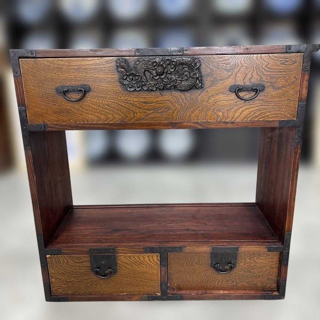 時代 帳場箪笥 両面仕様 車箪笥 鍵付き 民芸家具 和モダン 古家具