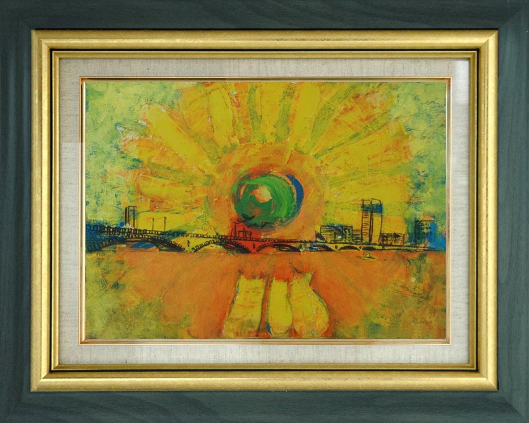 油絵 菅家令子 絵 絵画インテリア額付(青緑＋金色の枠) F4-072219子猫