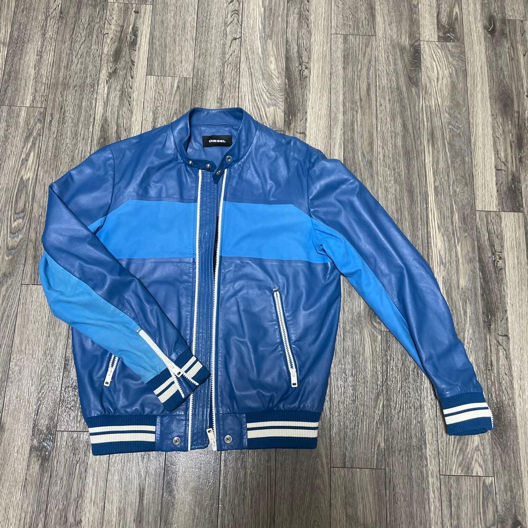 DIESEL 青 レザー ライダースジャケット