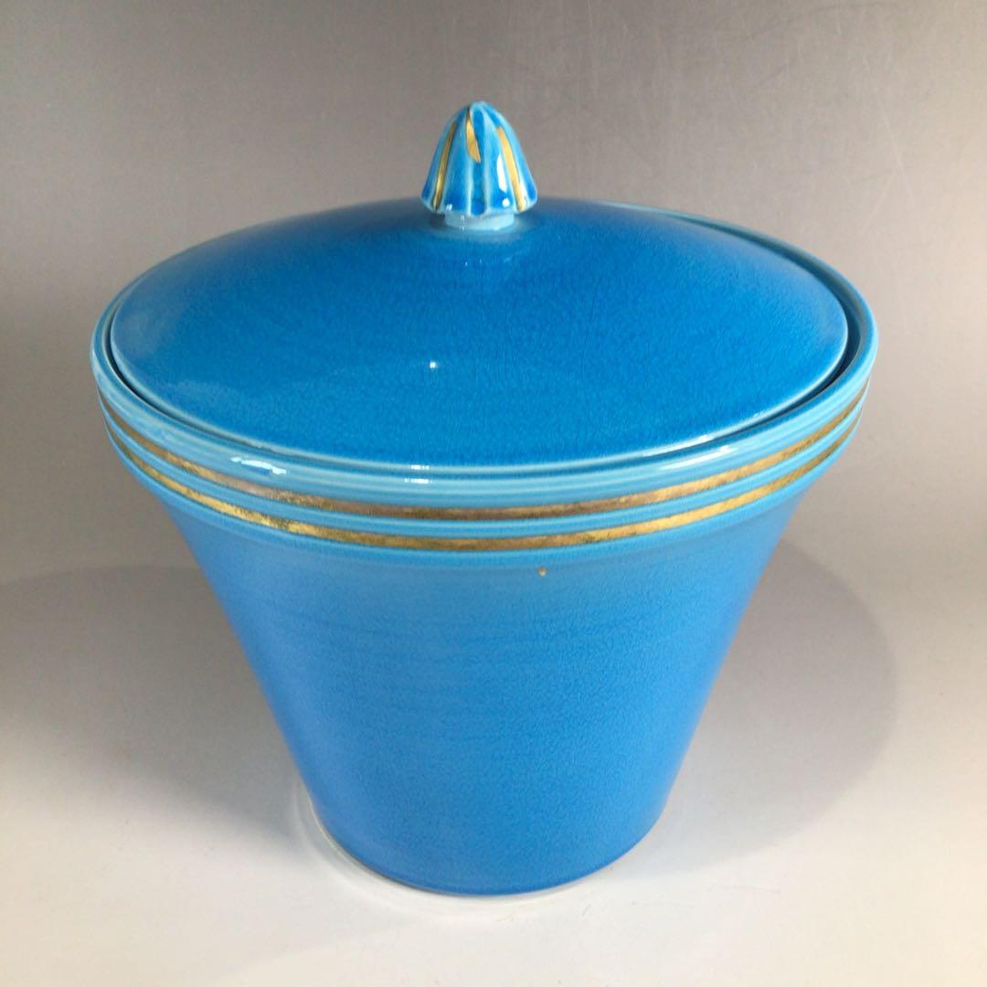 Ｐ３５４　水指　『御室窯造』『浅黄交趾』『末広水指』　共箱　茶道具