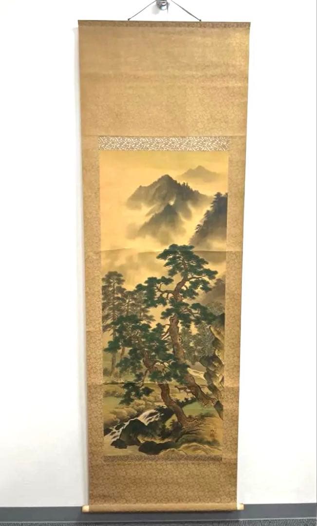 <徳次郎作>掛け軸　松・鹿・渓流