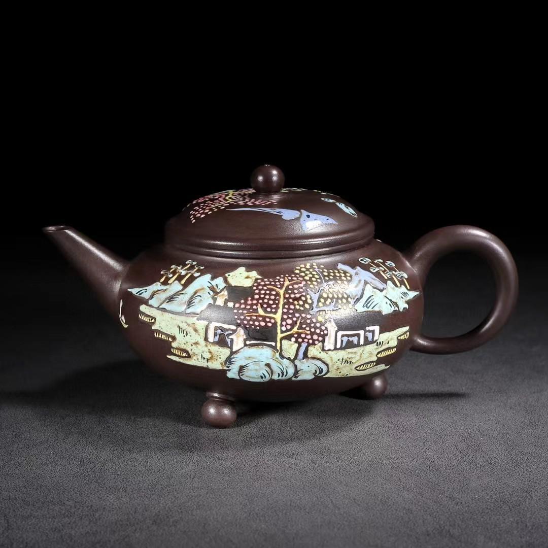 中国古美術・三足水平紫砂壺・ 底款：貢局・宜興原鉱・紫泥急須・茶壺・茶道具・置物