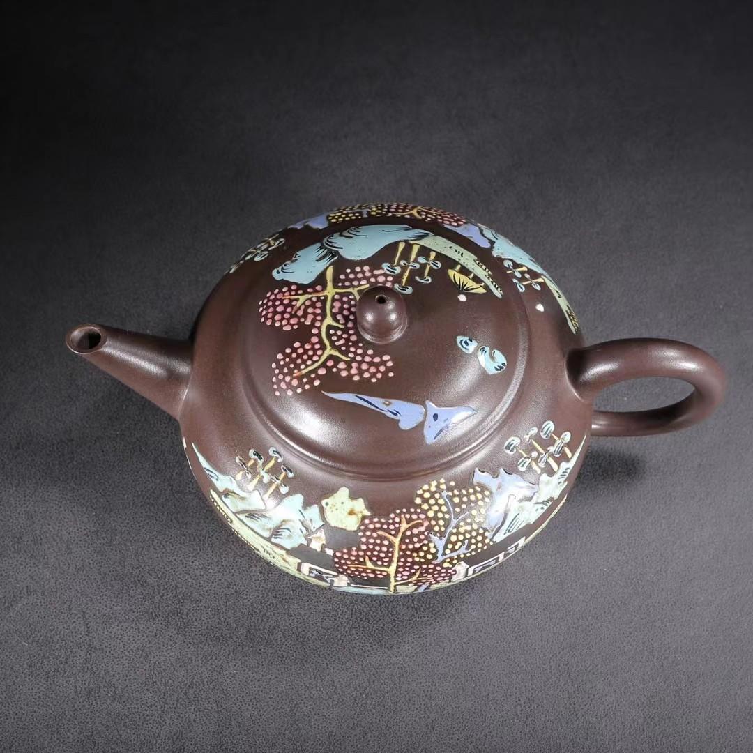 中国古美術・三足水平紫砂壺・ 底款：貢局・宜興原鉱・紫泥急須・茶壺・茶道具・置物