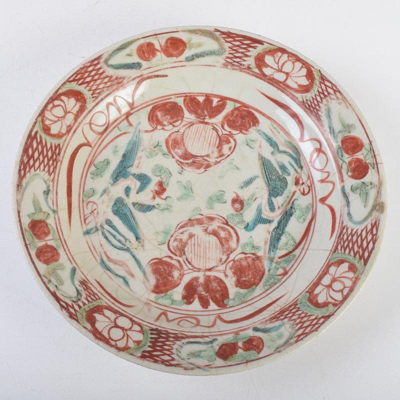 中国　17世紀　インドネシア出土　明代　呉須赤手　皿　時代箱付　M　R9312