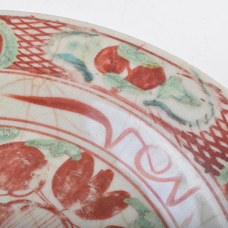 中国　17世紀　インドネシア出土　明代　呉須赤手　皿　時代箱付　M　R9312