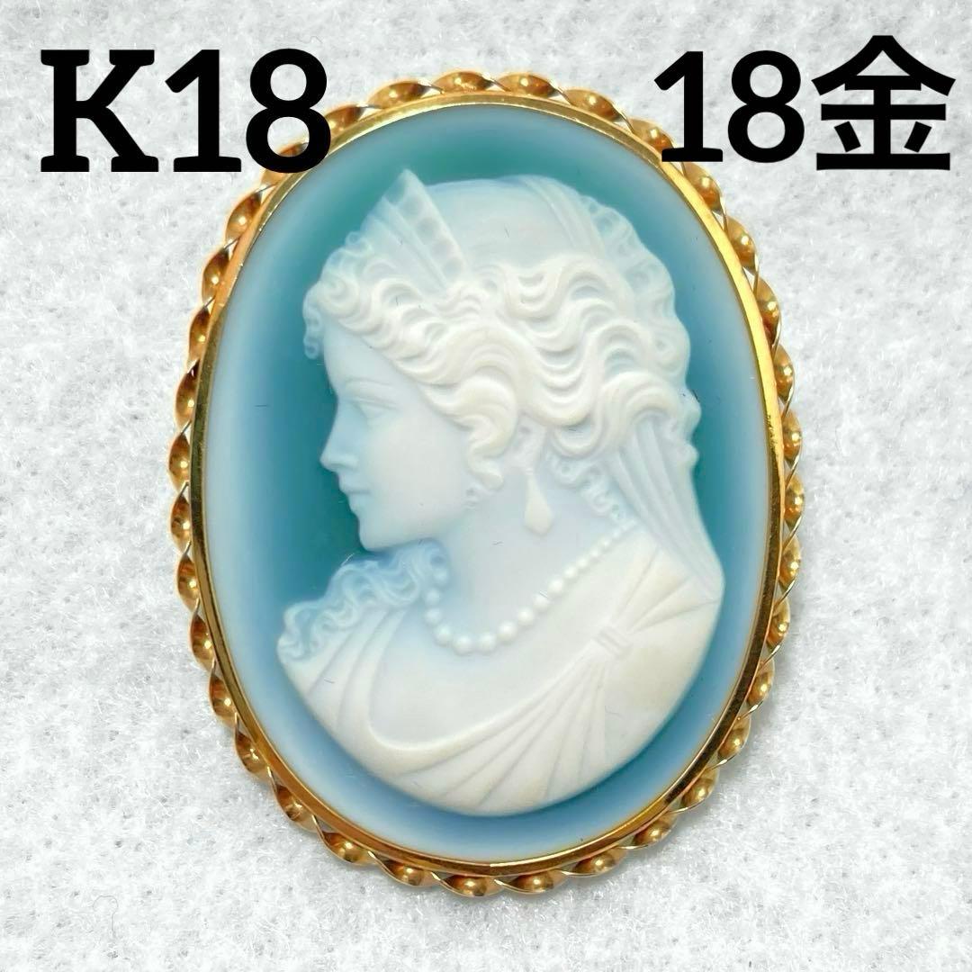 カメオ ブローチ 瑪瑙 天然石 緑 K18(18金) ゴールド 06ar