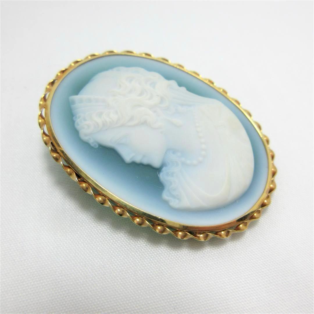 カメオ ブローチ 瑪瑙 天然石 緑 K18(18金) ゴールド 06ar