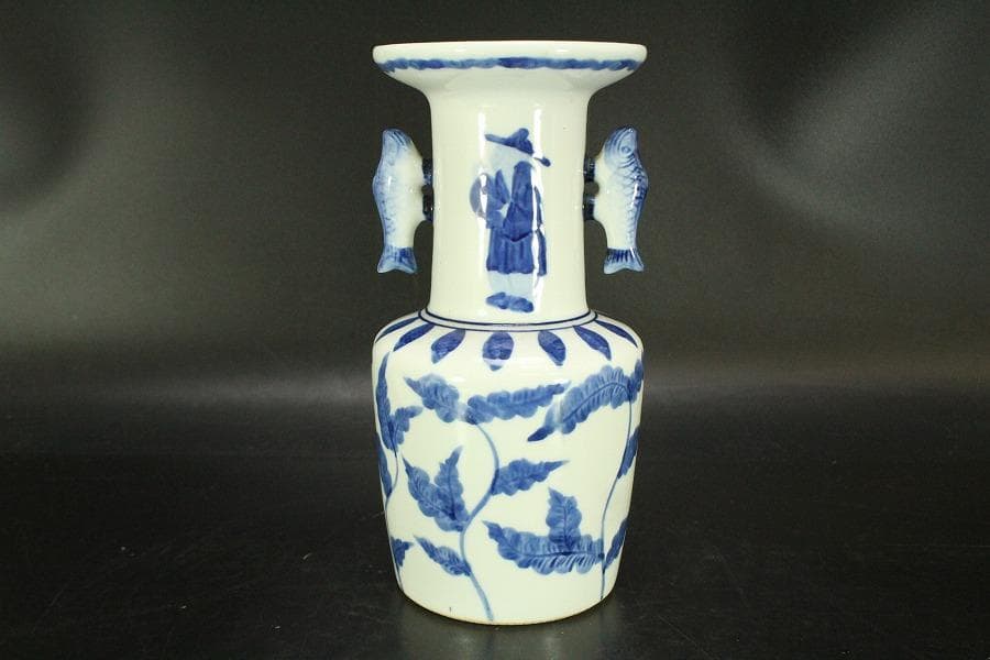 中国美術 染付 双魚耳 花瓶 茶道具(ZE424)
