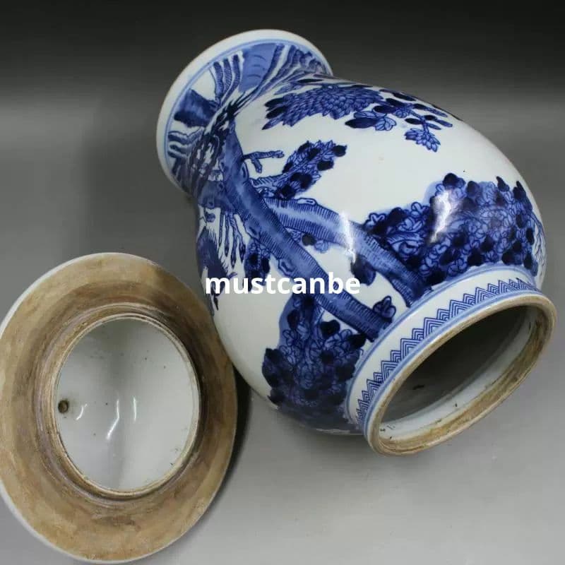 清康煕青花鳳凰牡丹将軍缶 景徳鎮 陶磁器 装飾品 現代工芸品 美術品 置物