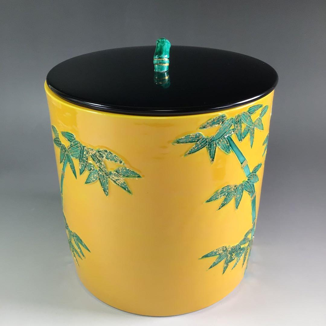 Ｐ９４８　水指　『平安　高野昭阿弥造』『黄交趾』『金彩竹之図』　共箱　茶道具